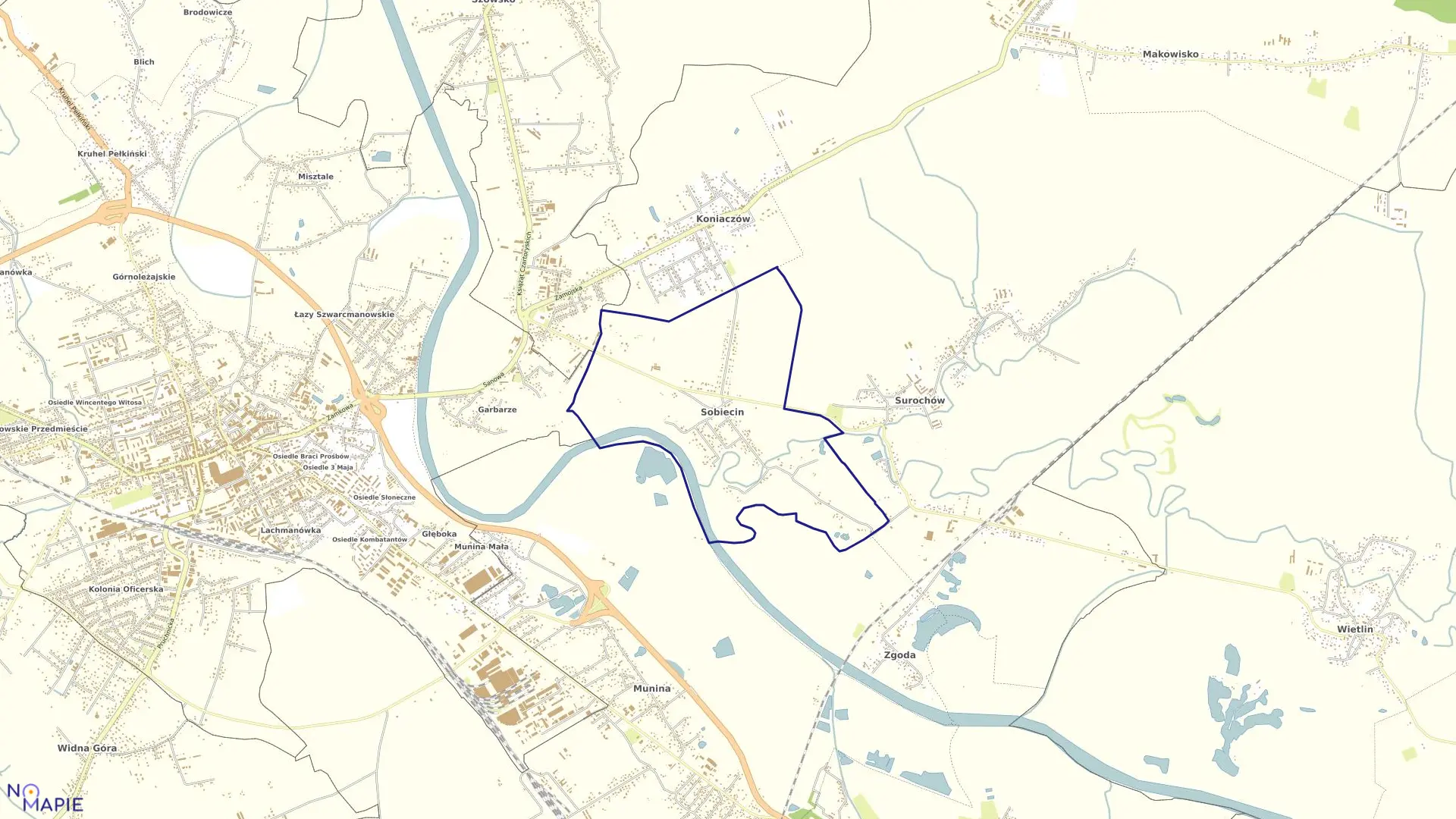 Mapa obrębu Sobiecin w gminie Jarosław